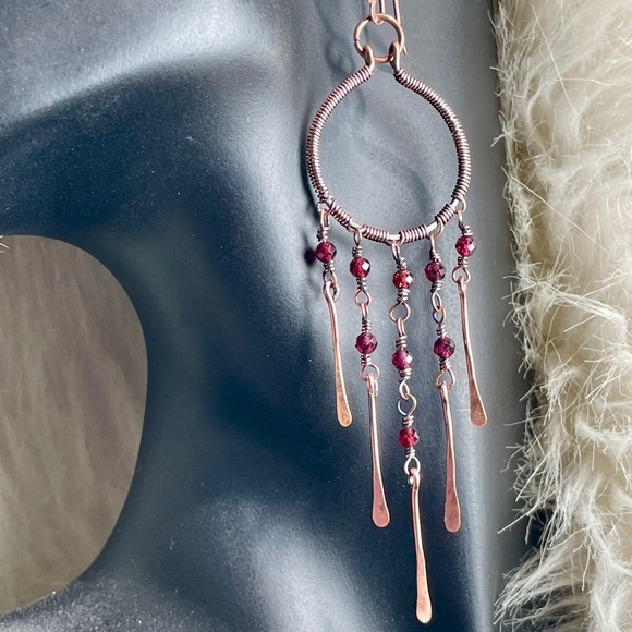 Hand Crafted Copper Red Garnet Crystal Beaded Dangle Chandelier Earrings - Picture 15 of 17